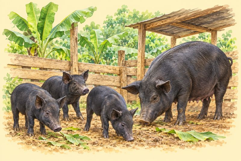 Illustration of black piglets and an adult sow beside a shaded timber shelter and banana plants.